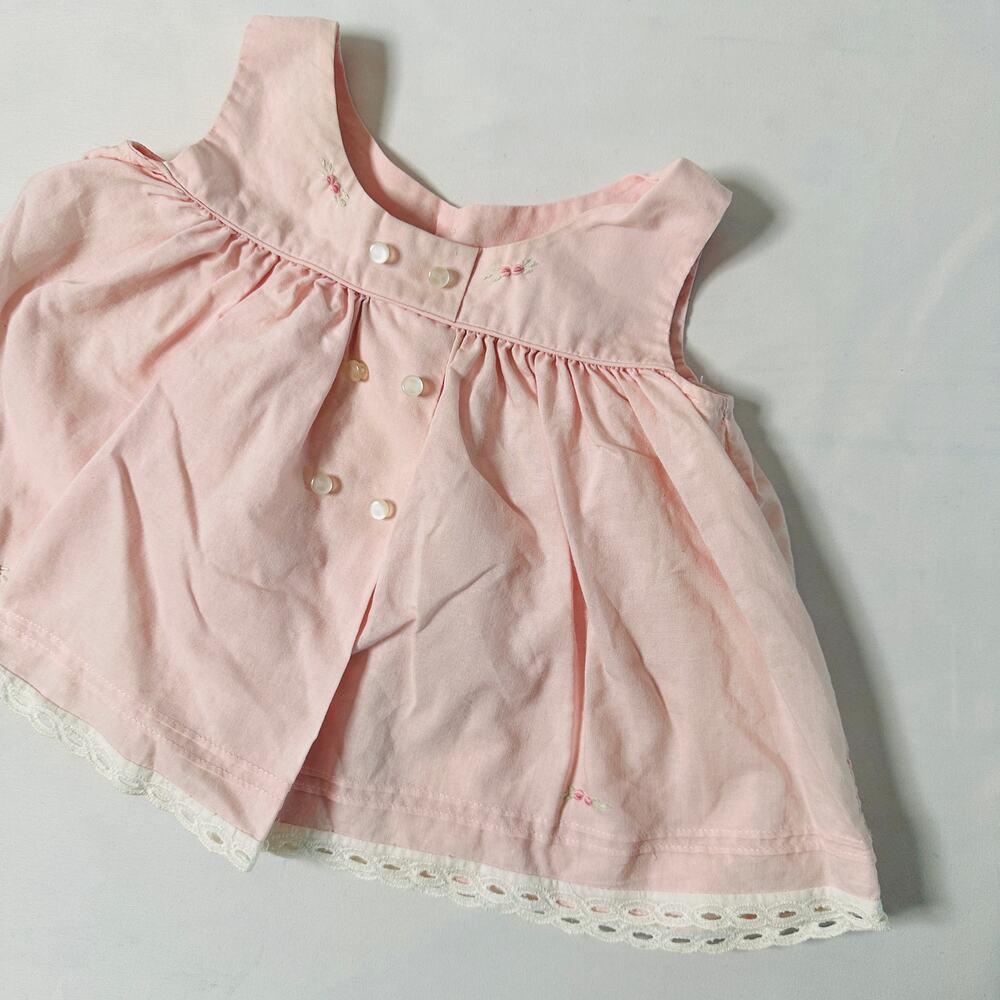 Vintage Pink Floral Embroidered Eyelit Trim Sleeveless Babydoll Dress Sz 0-3 mo